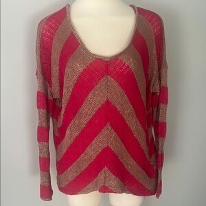 Splendid Magenta and Lt Brown V-Neck Sweater with Striped Pattern
